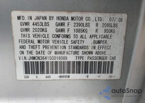 2005 Honda Accord Hybrid Ima из США, поврежденный, VIN JHMCN36415C016089